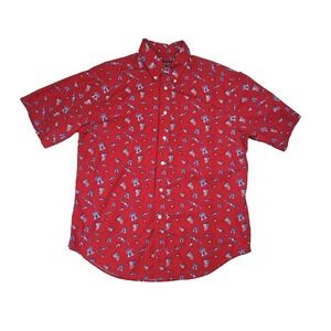 Vtg Y2K Patriotic American Flag Men's Short Sleeve Red Cotton Button Up Shirt L